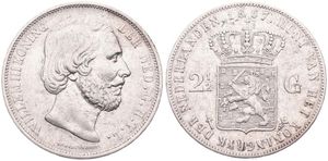 Netherlands, Kingdom, William III, 2-1/2 Gulden Silver 1867, Bearded head right, KM 82, VF