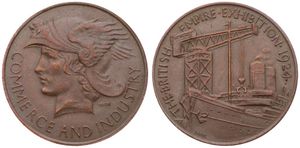 Great Britain, Kingdom, George V, Medal in Bronze 1924 by W. Mc. Millan, British Empire Exhibition - Commerce & Industry, Winged helmeted head left / Ship and crane, UNC