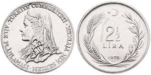 Turkey, Republic, 2-1/2 Lira Stainless Steel 1979, F.A.O. - Anatolic bride's head left, KM 927, UNC