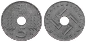 Germany, Third Reich, Military Coinage, 5 Reichspfennig Zinc 1940A, Eagle head above center hole, KM 98, XF