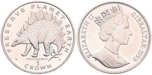 Gibraltar, British Colony, Elizabeth II, 1 Crown Copper-Nickel 1993, Prehistorical Animals - Stegosaurus, KM 151, B.UNC