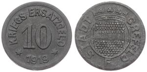 Germany, Emergency Coinage, Crefeld, 10 Pfennig Zinc 1919, Coat of Arms within circle / Legend surrounding denomination, A.UNC