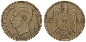 Romania, Kingdom, Carol II, 20 Lei Nickel-Brass 1930H, Head left, KM 51, VF