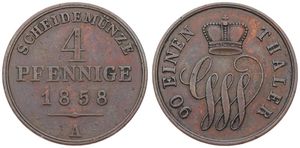 German States, Schaumburg - Lippe, Georg Wilhelm, 4 Pfennig Copper 1858A, Crowned Monogram, KM 40, VF