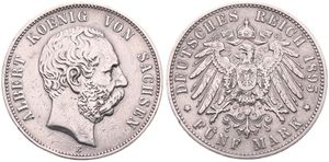 German States, Saxony - Albertine, Albert, 5 Mark Silver 1895E, Bearded head right, KM 1246, VF