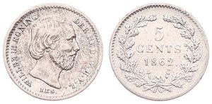 Netherlands, Kingdom, William III, 5 Cents Silver 1862, Bearded head right, KM 91, A.XF