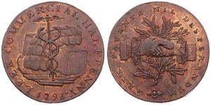 Great Britain, Kingdom, George III, 1/2 Penny Token in Copper 1793 Staffordshire, Leek commercial halfpenny, Clasped hands & olive branches / Caduceus and bales of goods, XF