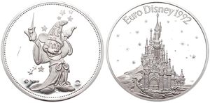 France, Republic, Medal in Silver 1992, Euro Disney, Mickey Mouse as Wizzard / View on Disneyland Paris, PROOF