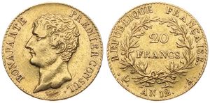 France, First Empire, Napoleon, 20 Francs Gold AN 12A, Bare head left, KM 651 Paris, A.XF (slightly cleaned) (*)