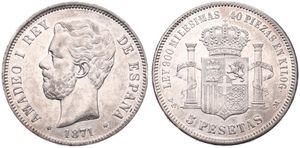 Spain, Kingdom, Amadeo I, 5 Pesetas Silver 1871 (75), Bearded head left, KM 666, XF/AU !