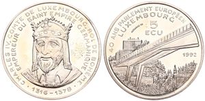 Luxembourg, Grand Duchy, Jean, 5 Ecu Copper-Nickel 1992, 40th Anniversary of the European Parliament - Crowned bust of Charles IV, KM X21, UNC