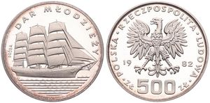 Poland, Probas Coins : 500 Zlotych Silver 1982, Sailing ship right, KM Pr 477, PROOF