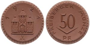 Germany, Emergency Coinage, Freiberg, 50 Pfennig Porcelain 1921, Castle without cross on center tower - crossed swords below / Legend surrounding denomination, UNC