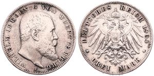 German States, Wurttemberg, Wilhelm II, 3 Mark Silver 1909F, Bearded head right, KM 635, VF