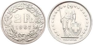 Switzerland, Confederation, 2 Francs Silver 1967, Standing Helvetia, KM 21, UNC