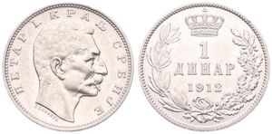Serbia, Kingdom, Peter I, 1 Dinar Silver 1912, Head right, KM 25.1, Medallic die alignment, A.UNC