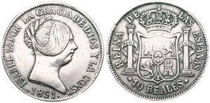 Spain, Kingdom, Isabel II, 10 Reales Silver 1851, Laureate head right / Crowned shield with pillar supporters, KM 595.3, VF (Attention : falsification !)