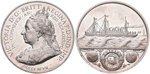 Great Britain, Kingdom, Victoria, Medal in Tin 1897 by Spink & Son, Diamond Jubilee & British Commerce, Laureate and crowned bust left / Steamship and Locomotive, XF