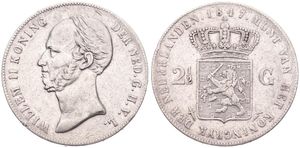 Netherlands, Kingdom, William II, 2-1/2 Gulden Silver 1847, Bearded head left, KM 69, VF