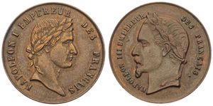 France, Second Empire, Napoleon III, Token in Brass ND (ca 1860), Laureate head of Emperor Napoleon III left / Laureate head of Emperor Napoleon I right, XF
