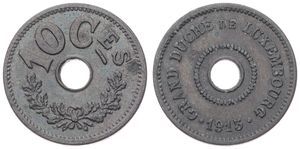 Luxembourg, Grand Duchy, Marie Adelaide, 10 Centimes Zinc 1915, Value above center hole, KM 28, A.UNC