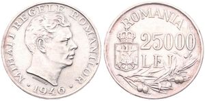 Romania, Kingdom, Mihai I, 25.000 Lei Silver 1946, Head right, KM 70, XF