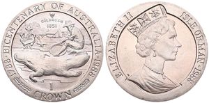 Isle of Man, British Dependency, Elizabeth II, 1 Crown Copper-Nickel 1988, Australian Bicentennial - Duckbill Platypus within circle, KM 224, B.UNC