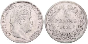 France, Second Kingdom, Louis Philippe I, 5 Francs Silver 1831W, Laureate head right, KM 745.13 (Lille), Raised lettering, VF