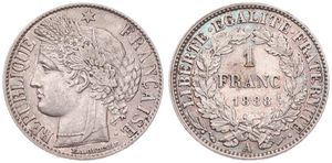 France, Republic, 1 Franc Silver 1888A, Laureate head left, KM 822.1 (Paris), XF
