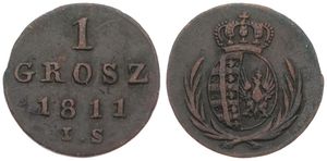 Poland, Grand Duchy of Warszawa, 1 Grosz Copper 1811 IS, Crowned shield within wreath, KM 81, A.VF