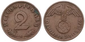 Germany, Third Reich, 2 Reichspfennig Bronze 1940G, Eagle above swastika within wreath, KM 90, KEY DATE, VF
