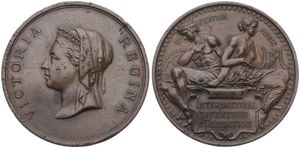 Great Britain, Kingdom, Victoria, Medal in Copper 1885 by Wyon, International Inventions Exhibition, Veiled bust left / Alegorical figures for invention and music, VF