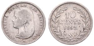 Netherlands, Kingdom, Wilhelmina I, 10 Cents Silver 1892, Queen's head with long hair left, KM 116, VF