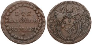Italian States, Papal States, Pius VI, 2 Baiocchi (Muraiola) Copper ND (1785-1797), Papal arms, KM 1226, VF