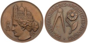 France, Republic, Medal in Copper ND by E.A. Oudiné, Société Centrale des Architectes, Head with Architectural Museum flanked by a compas / Compas and stylized flower, XF