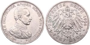 German States, Prussia, Wilhelm II, 5 Mark Silver 1914A, Uniformed bust right, KM 536, A.UNC