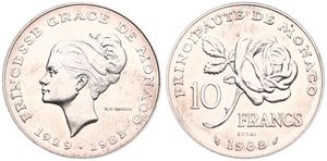 Monaco, Principality, Rainier III, 10 Francs Silver 1982, Princess Grace, KM E73 ESSAI, UNC