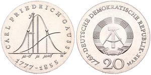 Germany, Democratic Republic, 20 Mark Silver 1977, 200th Anniversary of the Birth of Carl Friedrich Gauss, KM 66, UNC