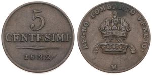 Italian States, Lombardy-Venetia, 5 Centesimi Copper 1822M, Crown with ribbons, KM 3.3 (Milan), VF