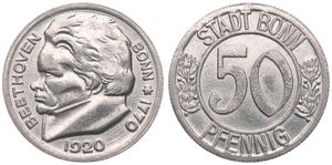 Germany, Emergency Coinage, Bonn, 50 Pfennig Iron 1920, Bust of Ludwig von Beethoven left / Value within circle, UNC