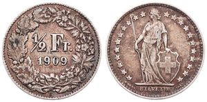Switzerland, Confederation, 1/2 Franc Silver 1909, Standing Helvetia, KM 23, VF