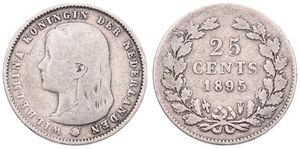 Netherlands, Kingdom, Wilhelmina I, 25 Cents Silver 1895, Queen's head with long hair left, KM 115, Fine