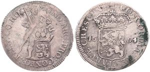 Netherlands, Holland Province, 1 Ducat (48 Stuivers) Silver 1694/93, Standing knight behind shield holding sword / Crowned arms flanked by date, KM 52, Fine