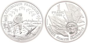 France, Republic, 1 Franc Silver 1993, American soldiers storming Omaha Beach, KM 1014, PROOF