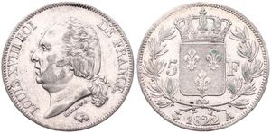 France, Second Kingdom, Louis XVIII, 5 Francs Silver 1822A, Head left, KM 711.1 Paris, A.XF