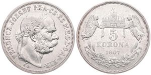 Hungary, Kingdom, Franz Joseph I, 5 Korona Silver 1907KB, Laureate head right, KM 488, VF