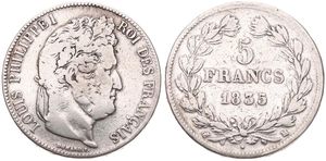 France, Second Kingdom, Louis Philippe I, 5 Francs Silver 1835MA, Laureate head right, KM 749.10 (Marseille), Fine