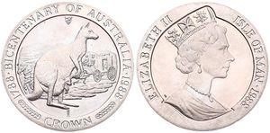Isle of Man, British Dependency, Elizabeth II, 1 Crown Copper-Nickel 1988, Australian Bicentennial - Kangaroo with cub within circle, KM 225, B.UNC