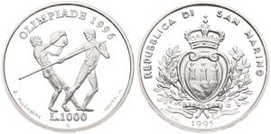 San Marino, Republic, 1000 Lire Silver 1995, Olympics - Pole vaulting & Discus, KM 332, PROOF