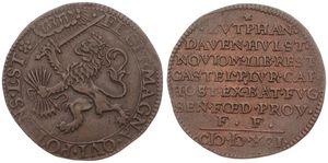 Netherlands, Maurits, Token in Copper 1591, Victory of Count Maurits, Crowned Dutch lion with sword and arrows - Fecit. Magna. Qvi. Potens. Est. / Legend in 9 lines, XF